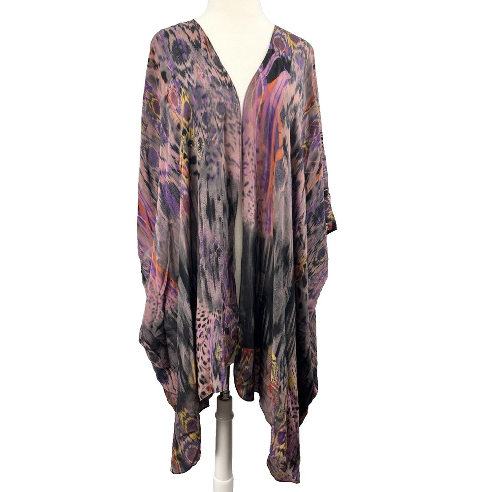 Tianello Washable Silk Zen Robe Kimono Topper Large Ikat Purple Cheetah Peacock